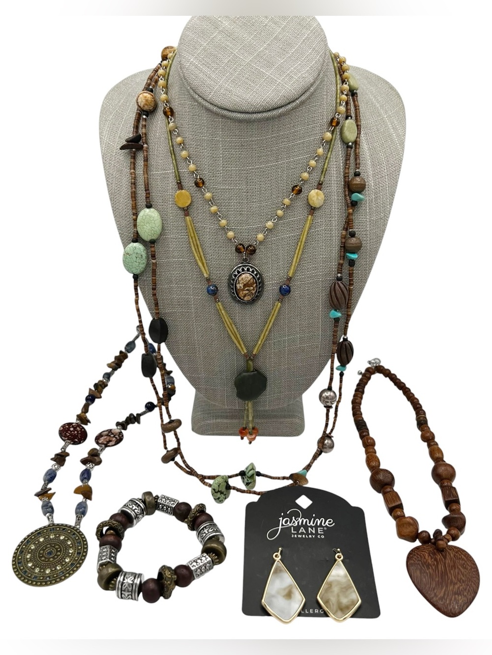 Genuine Stone & Wooden Beaded Necklace, Earrings and Bracelet Jewelry Lor